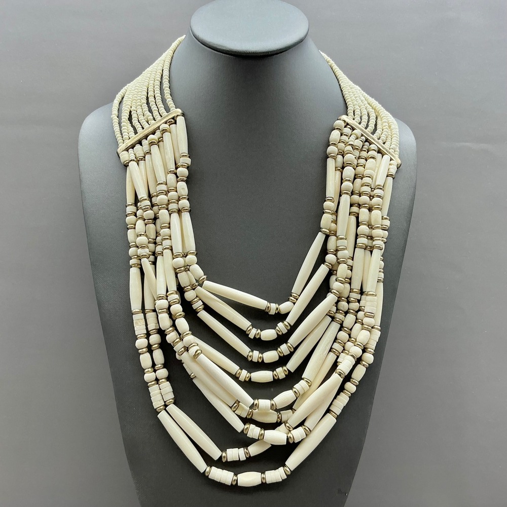 Chico's Necklace White Multi Strand Beaded Gold Tone Statement Layered 24"